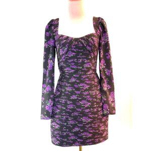AMUR Mini Dress Mini Pleats L/S Fully Lined Black with Purple Flowers 2